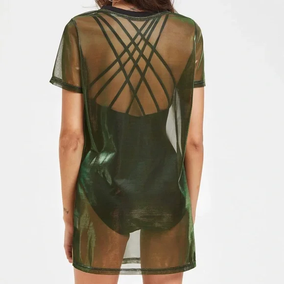 Contrast Ribbed Neck Metallic Sheer Dress - Picture 2 of 3